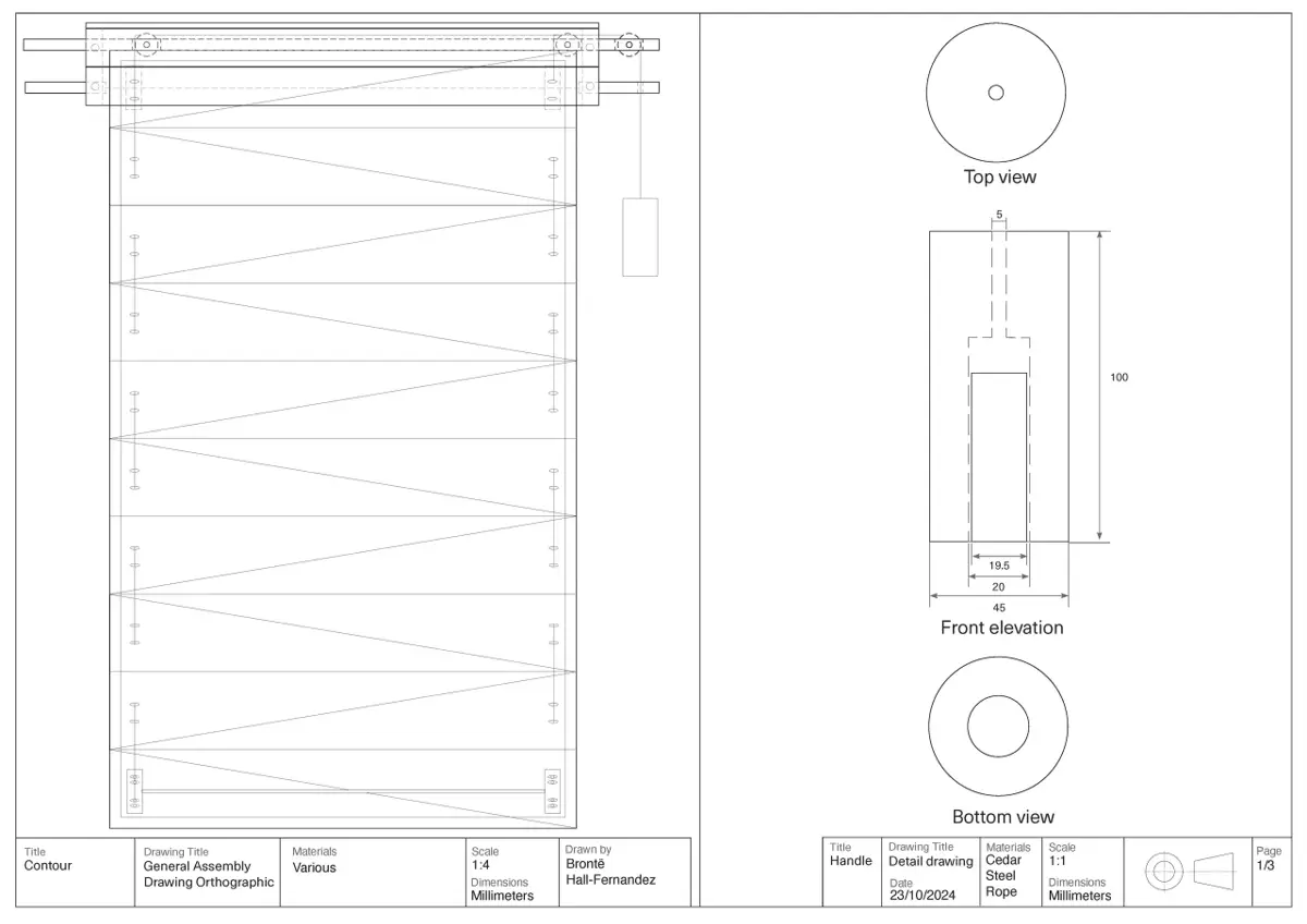 Technical drawing showing top, front, and side views for the 'Contour' homeware project.