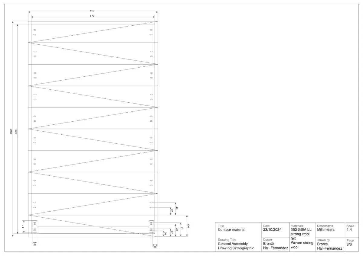 A detailed architectural drawing showing the dimensions and structure of the wood and textile shelving unit.