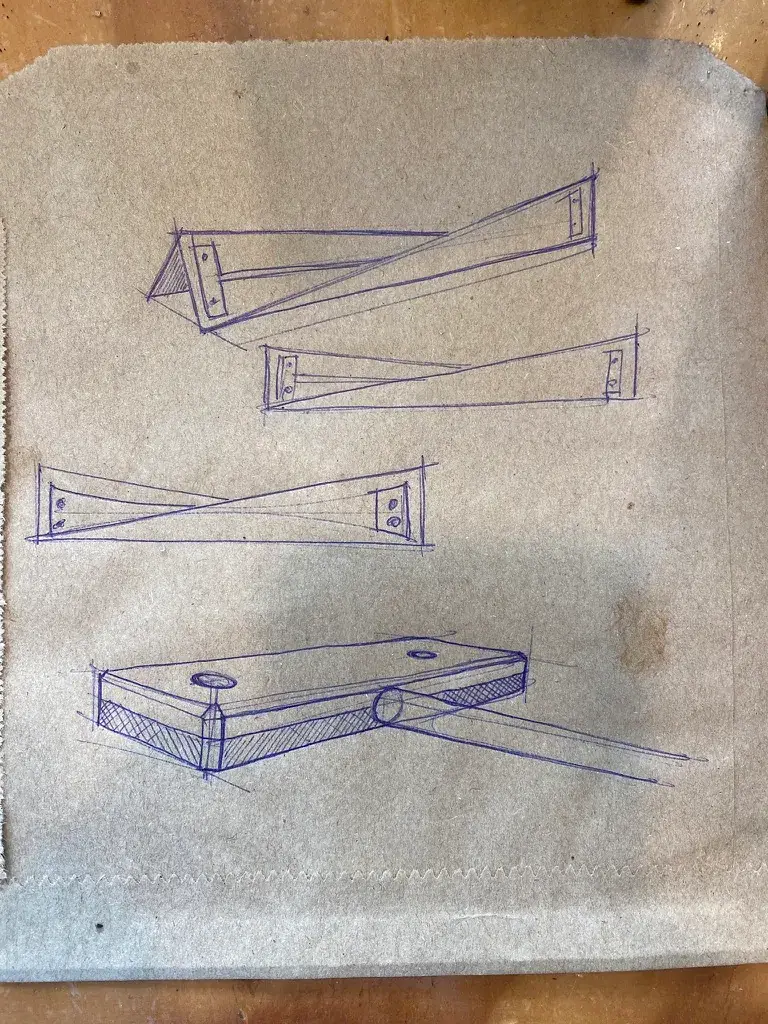 Three pencil sketches showing different joinery details for a wooden homeware box design.
