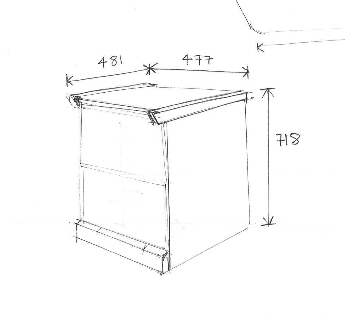 Technical drawing showing the dimensions and profile of a corner desk unit.