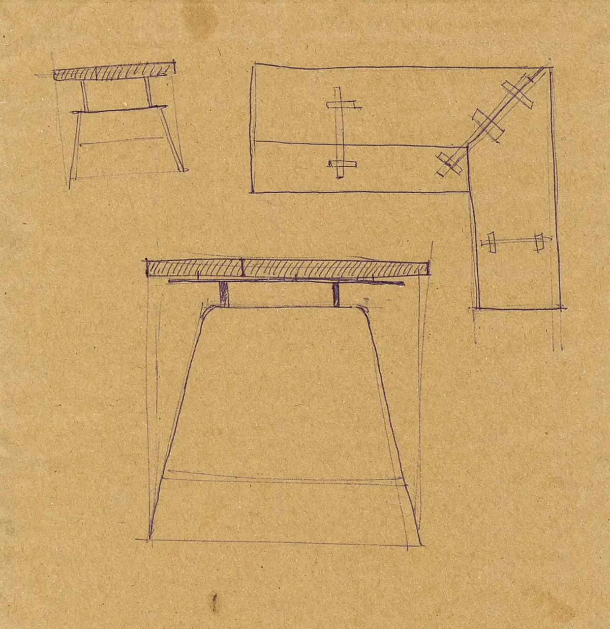 Preliminary pencil sketches showing elevations for a corner desk unit using wood and metal.