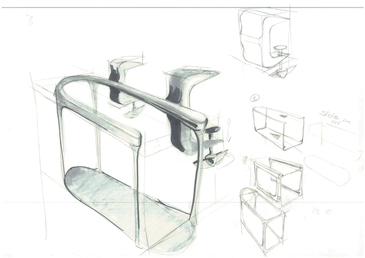 Preliminary sketches showing various views and details for the 'Scrappy' composting unit.