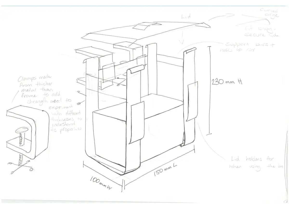 A technical sketch showing the dimensions and construction details of a metal composting bin prototype.