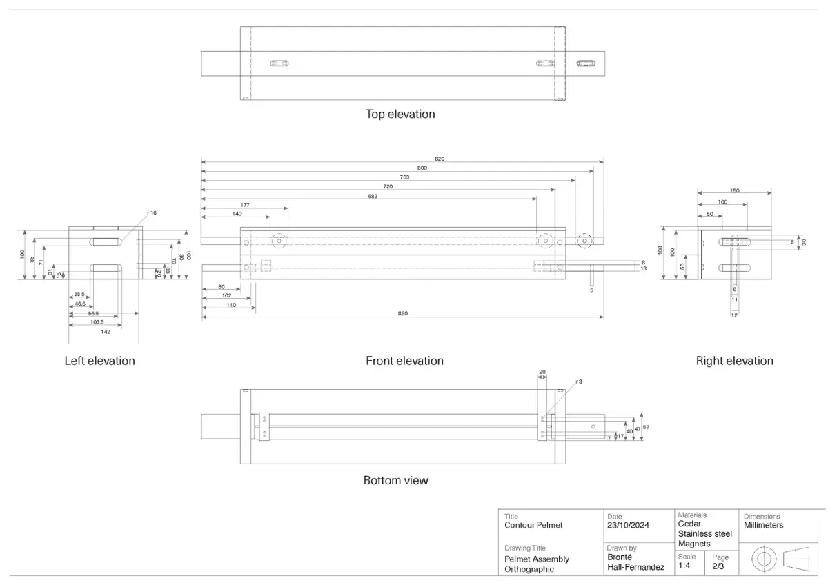 Technical drawing showing the dimensions and views (top, front, left, right, bottom) for the 'Contour' homeware piece.