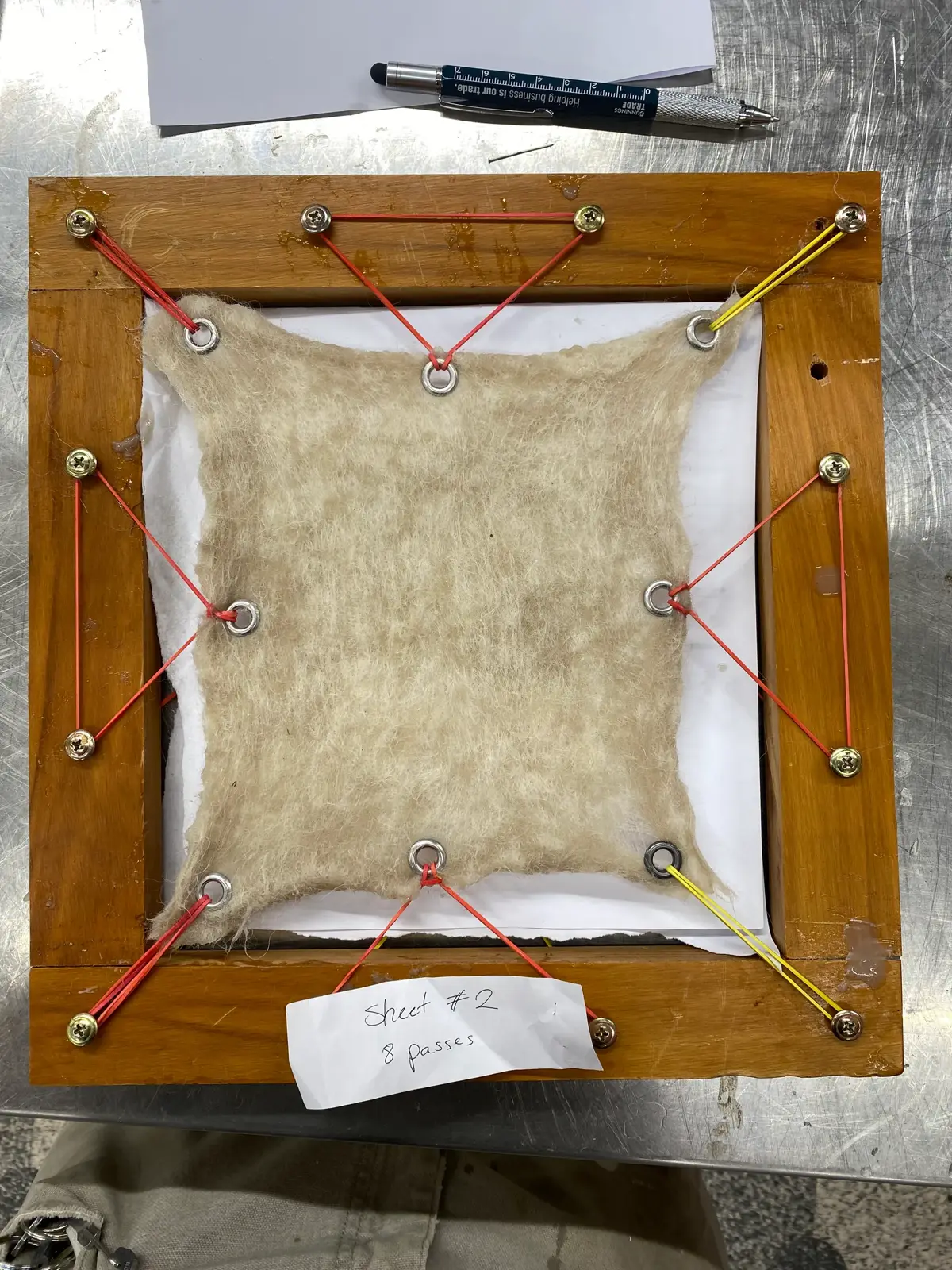 Felt sheet soaked in bio-plastic, stretched and dried.