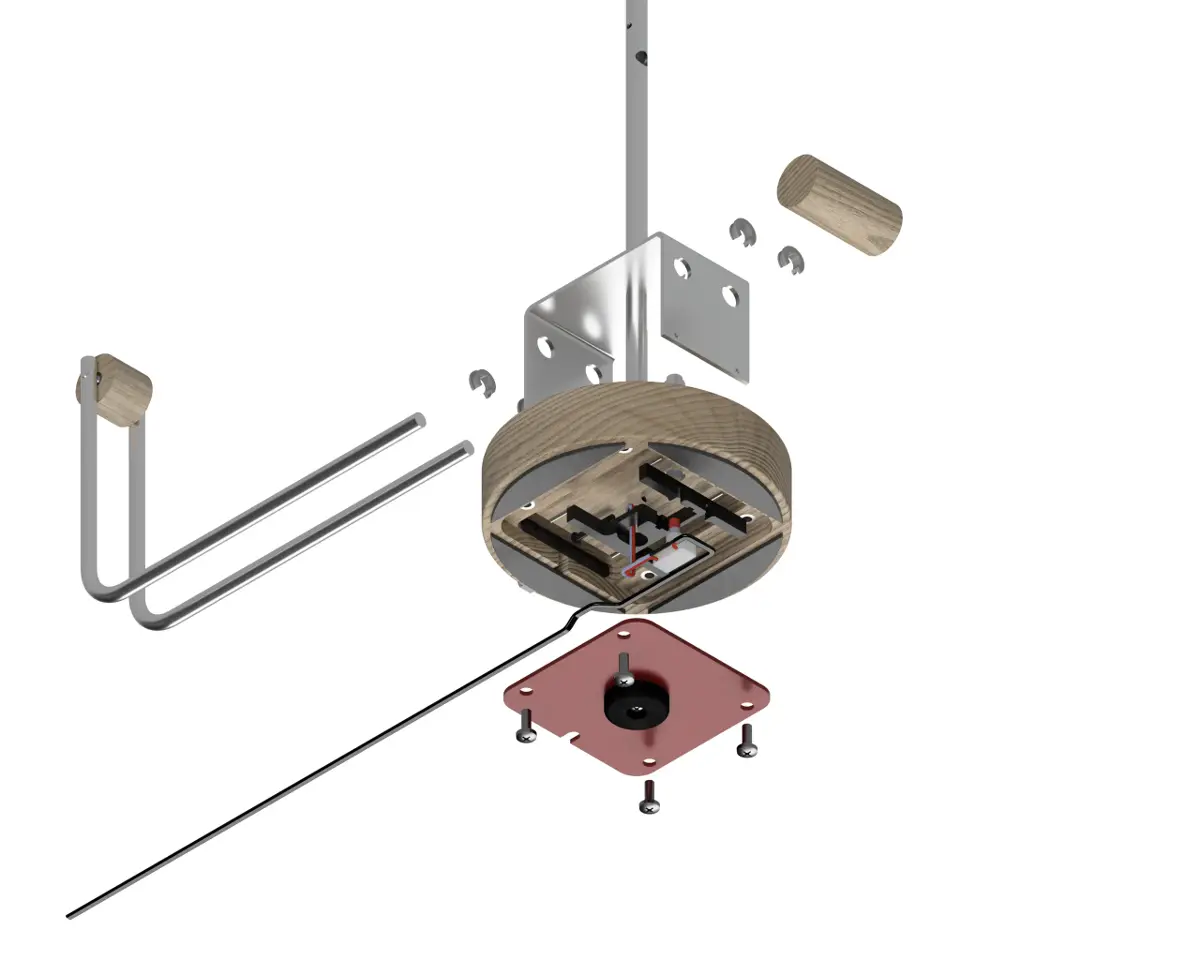Exploded view showing metal, wood, and electronic components of the final lamp design.