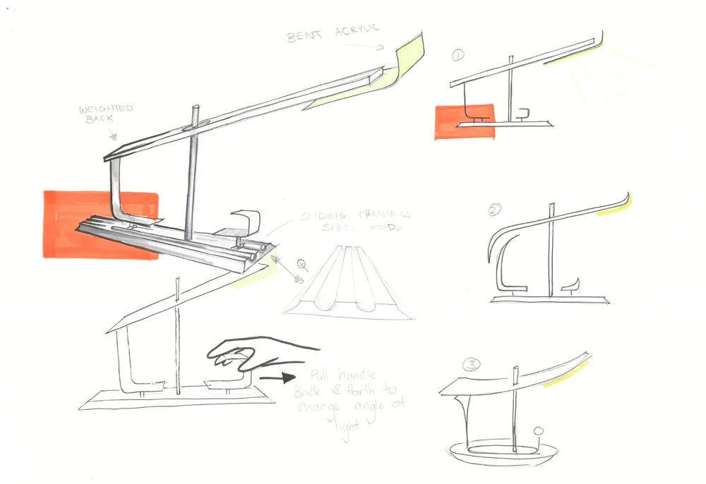 Detailed sketches showing the sliding, bent acrylic, and weighted back components of the lamp.